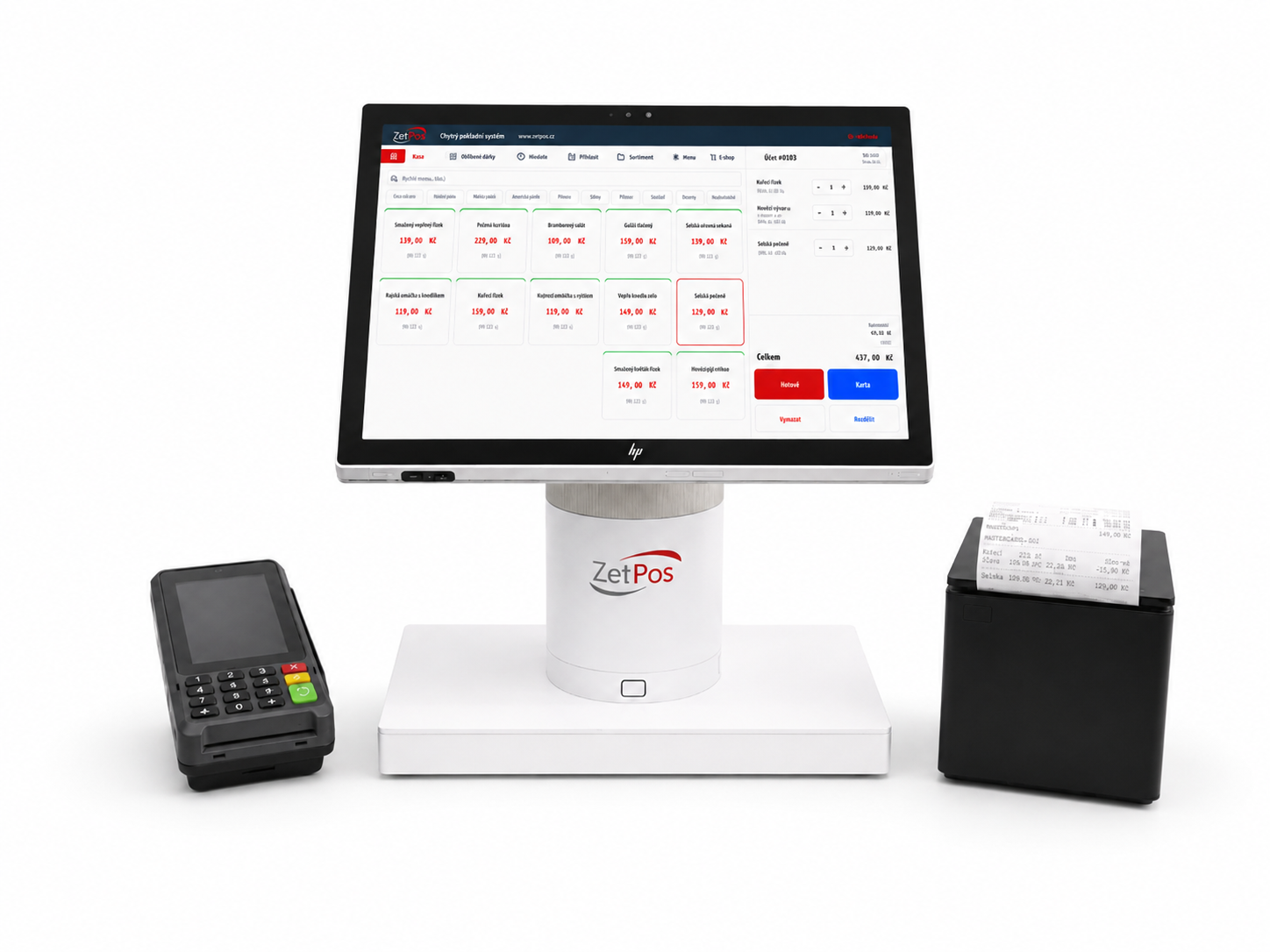 Bílá pokladní sestava HP se systémem ZetPos, platebním terminálem a tiskárnou